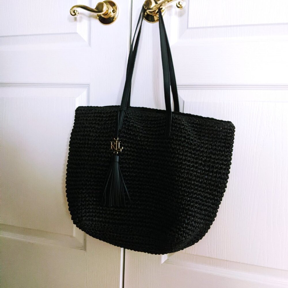 Ralph Lauren Straw Medium Whitney Tote Black - Picture 3 of 5